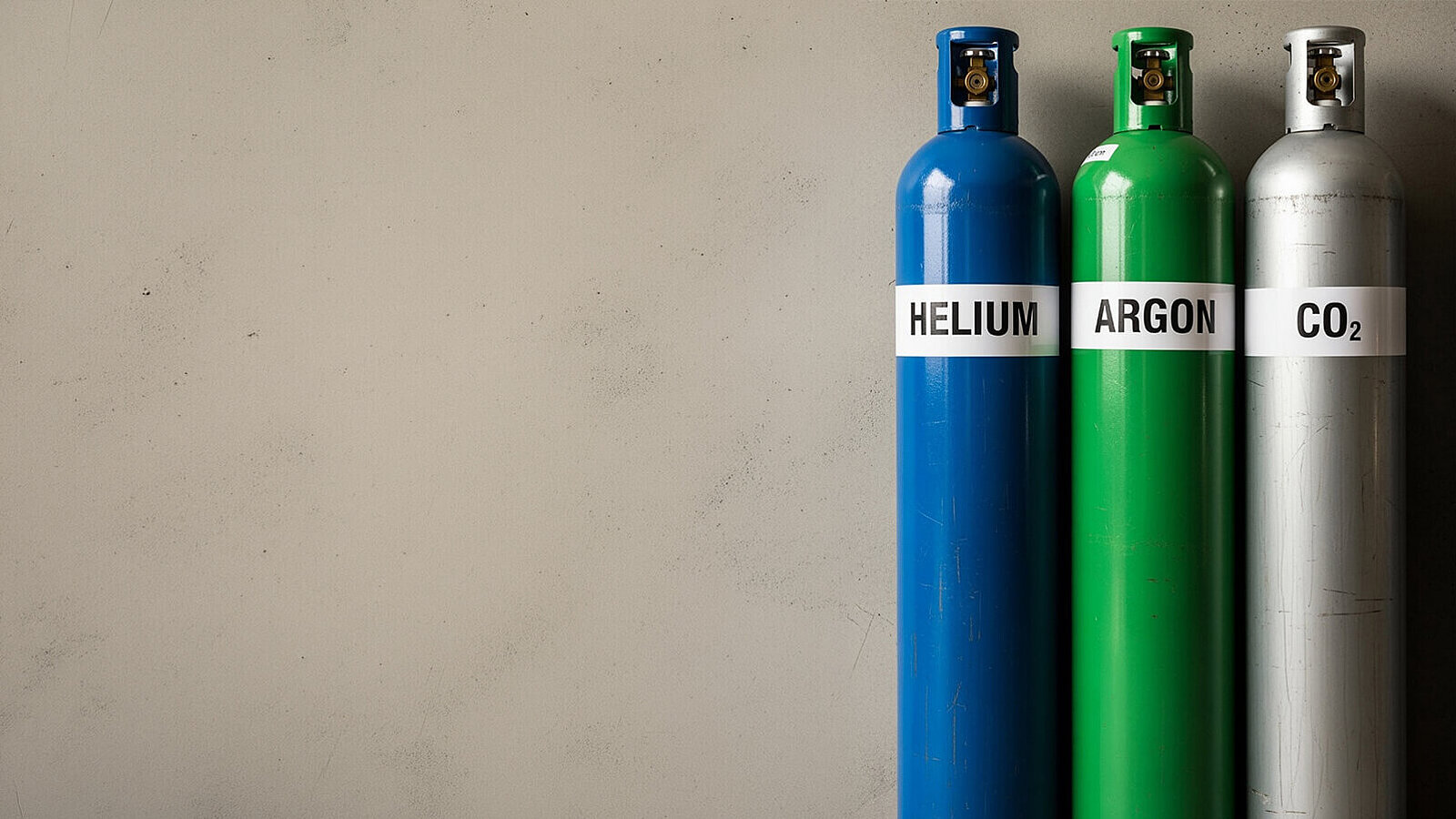 Drei Gasflaschen mit den Trägergasen Helium, Argon und CO2