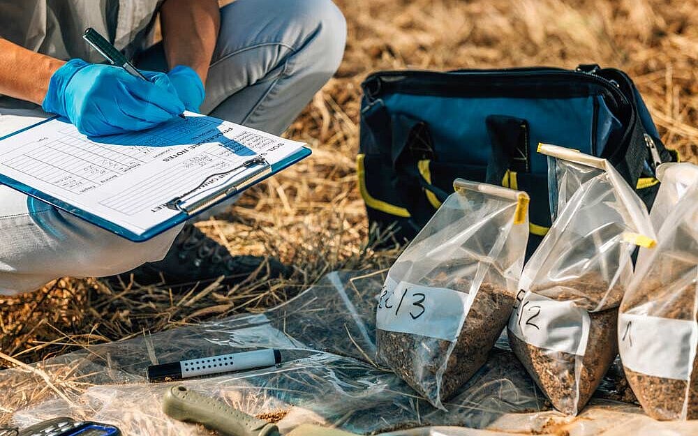 Different soil samples are checked by a person according to EN 17505