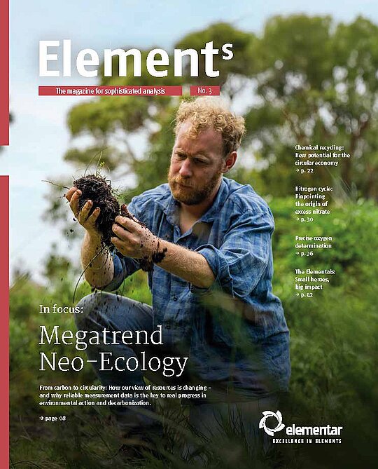 Cover of the elements magazine, showing a farmer checking soil