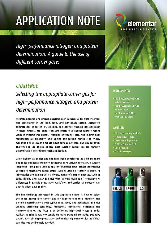 Applikationsnotiz "High-performance nitrogen and protein determination: A guide to the use of different carrier gases"