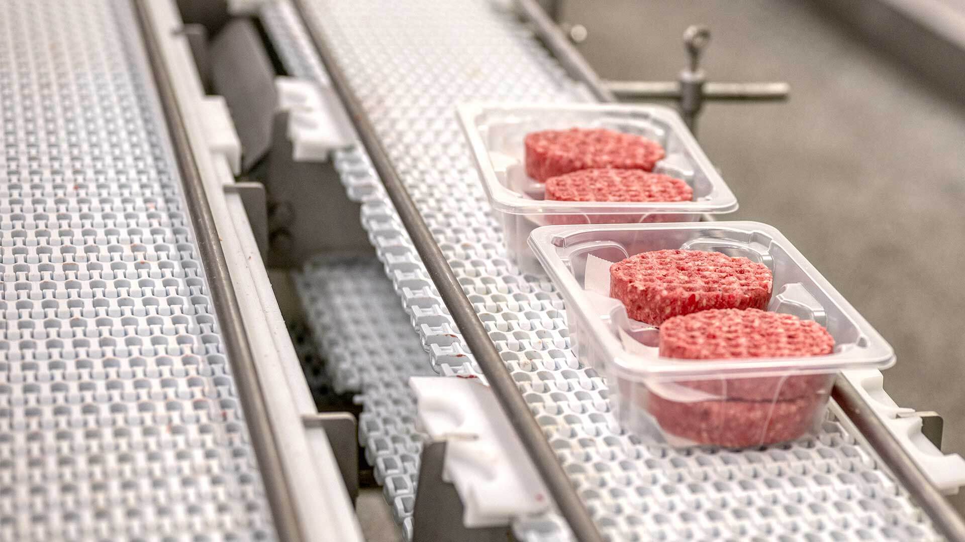 Plant-based burger patties on a conveyor belt