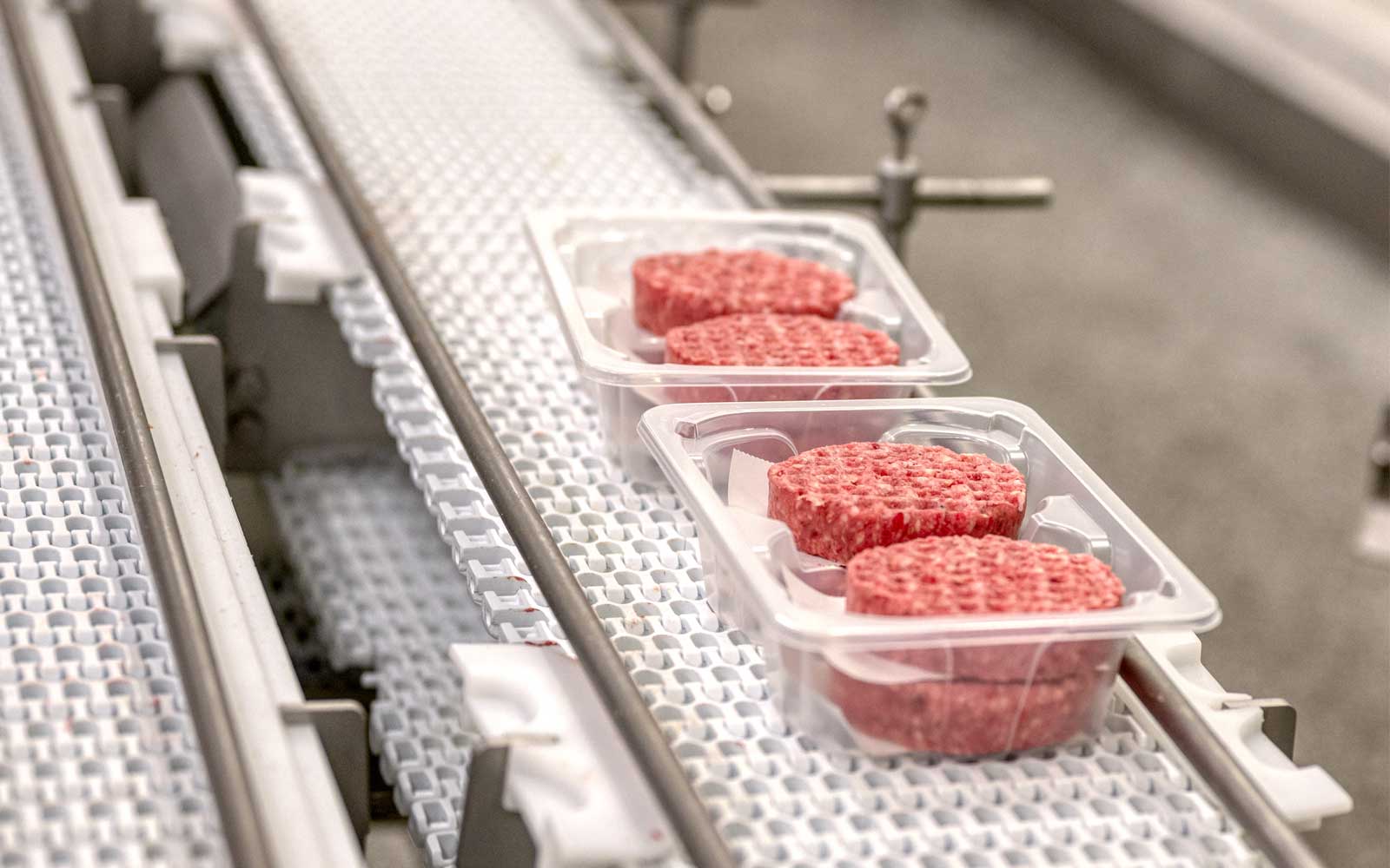 Plant-based burger patties on a conveyor belt